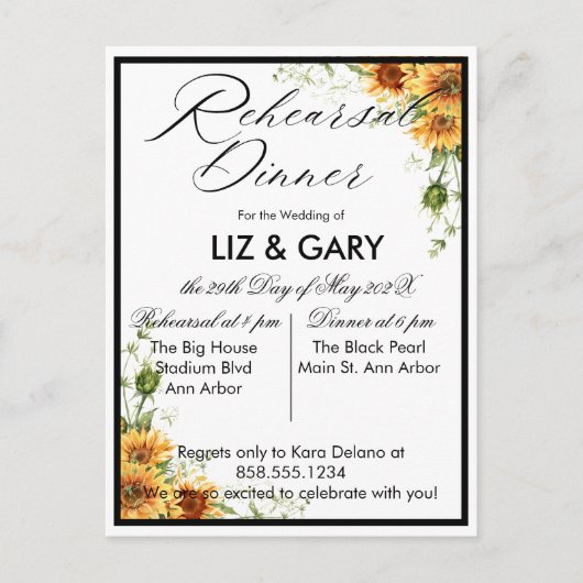Waterverf Floral Sunflower Rehearsal Dinner Briefkaart (Voorkant)