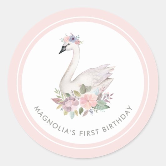  Waterverf Floral Swan Prinses Verjaardag Ronde Sticker (Voorkant)