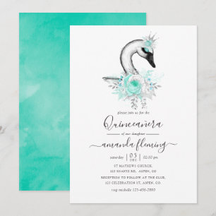 Waterverf Floral Swan Quinceañera Kaart