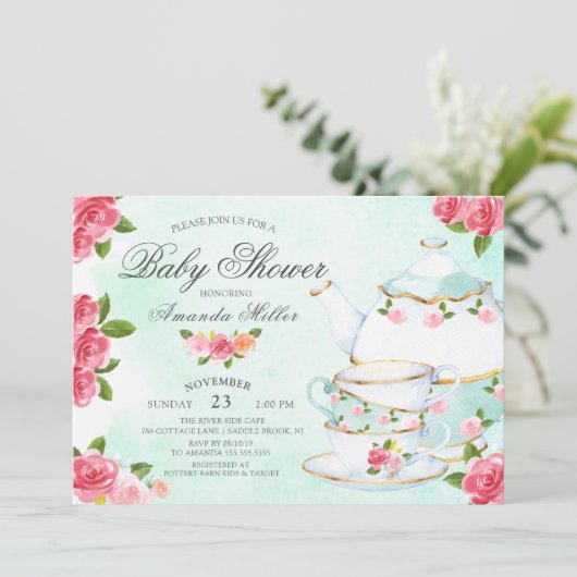 Waterverf Floral Tea Baby shower Kaart (Staand voorkant)