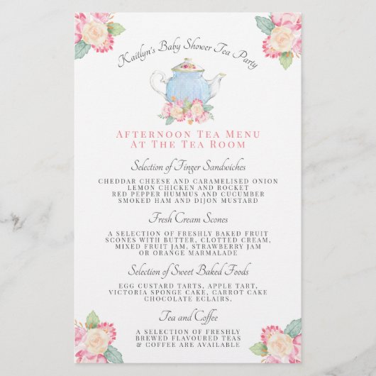 Waterverf Floral Tea | Menu Baby shower (Voorkant)