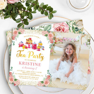 Waterverf Floral Tea Party Girls Birthday Foto Kaart
