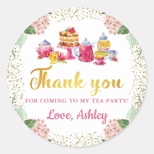 Waterverf Floral Tea Party Gold Glitter Hartelijk Ronde Sticker (Voorkant)