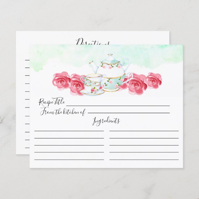 Waterverf Floral Tea Pot Floral Recipe Card (Voorkant / Achterkant)