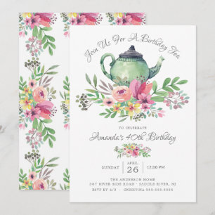 Waterverf Floral Teapot Birthday Party Invitation Kaart