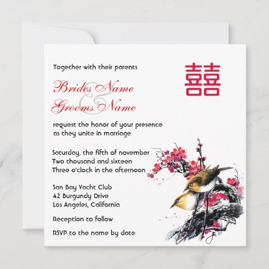 Waterverf Floral Tortelduifjes Chinees xi Wedding Kaart (Voorkant)