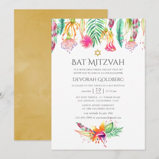 Waterverf Floral Tropical Summer Bat Mitzvah Kaart (Voorkant / Achterkant)