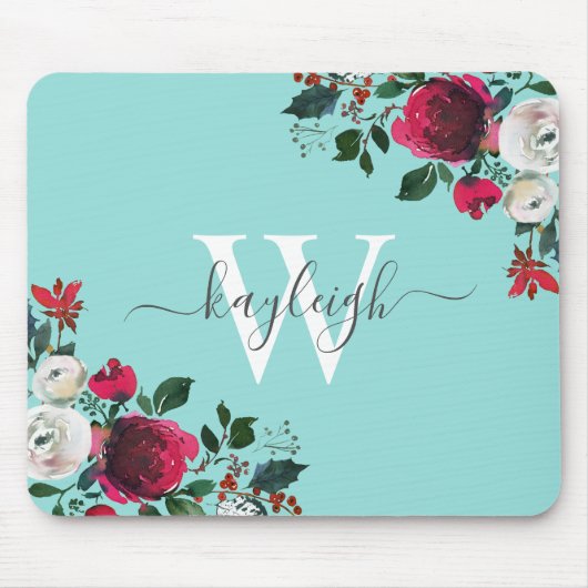 Waterverf Floral Turquoise Monogrammed Muismat (Voorkant)