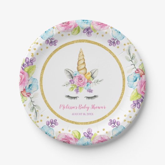 Waterverf Floral Unicorn Baby shower Papieren Bordje (Voorkant)