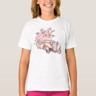 Waterverf Floral Vintage Car. Parijs, roze T-shirt
