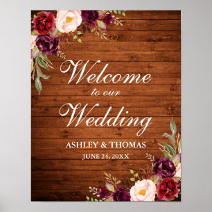 Waterverf Floral voor bruiloft Rustic Wood Burgund Poster