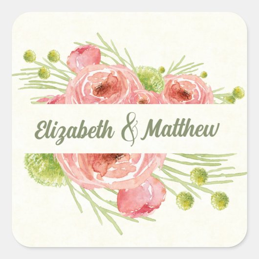 Waterverf Floral Wedding Bedankt Vierkante Sticker (Voorkant)