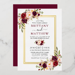 Waterverf Floral Wedding Burgundy 2 Lijst Gold Folie Uitnodiging