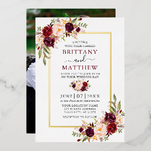 Waterverf Floral Wedding Burgundy Foto Gold Folie Uitnodiging