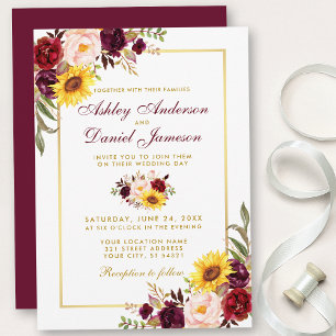 Waterverf Floral Wedding Burgundy Gold Kaart