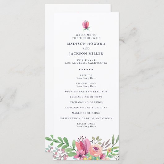 Waterverf Floral Wedding Ceremony Programma (Voorkant / Achterkant)