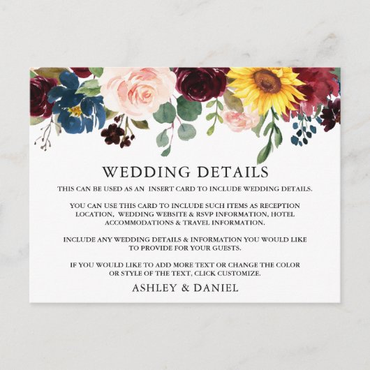 Waterverf Floral Wedding Details Briefkaart (Voorkant)