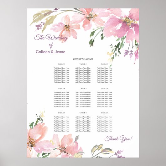 Waterverf Floral Wedding Dinner Seating Chart Poster (Voorkant)