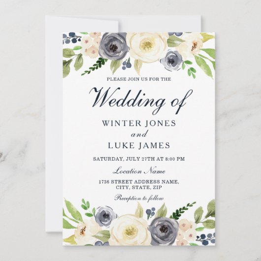 Waterverf Floral Wedding door marineslag en witte Kaart (Voorkant)