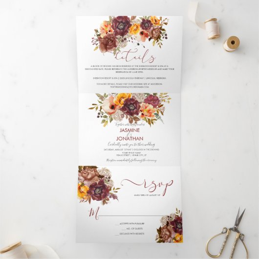 Waterverf Floral Wedding | Drieluik Uitnodiging (Binnen)