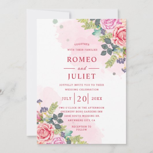 Waterverf Floral Wedding Invitation Kaart (Voorkant)