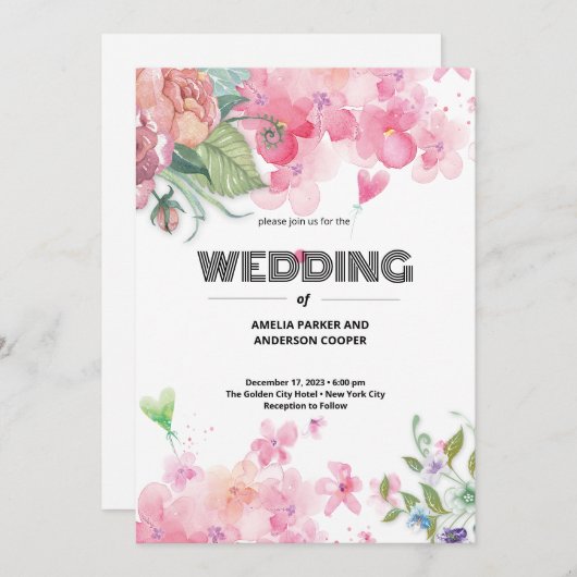 Waterverf Floral Wedding Kaart (Voorkant / Achterkant)