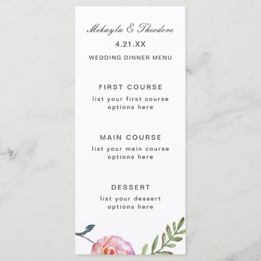 Waterverf Floral Wedding Menu Card (Voorkant)