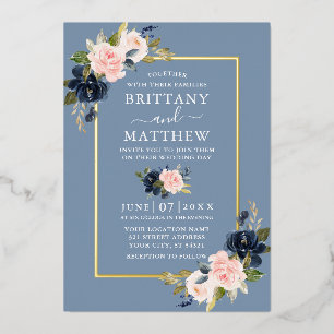 Waterverf Floral Wedding Pink Dusty Blue Gold Folie Uitnodiging