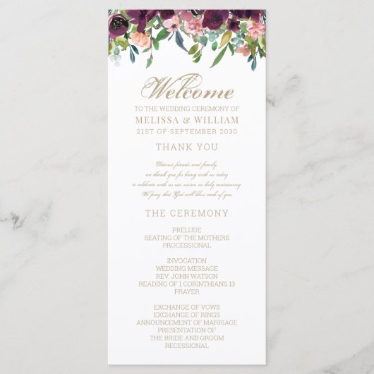 Waterverf Floral Wedding Programma (Voorkant)