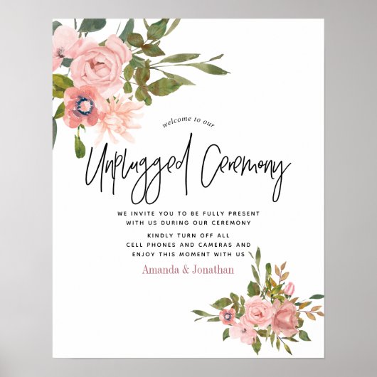 Waterverf floral Wedding Unplugged Ceremony Poster (Voorkant)