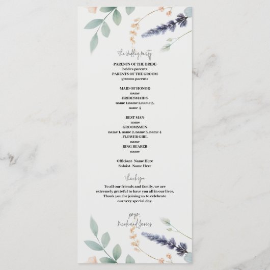 Waterverf Floral Wildflower Wedding Programma (Achterkant)