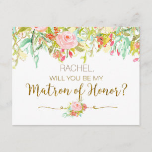 Waterverf floral will you be my Matron of Honor Kaart