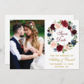Waterverf Floral Wreath Burgundy Blue Wedding Save The Date (Voorkant / Achterkant)