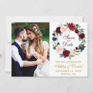 Waterverf Floral Wreath Burgundy Blue Wedding Save The Date