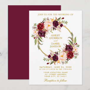 Waterverf Floral Wreath Burgundy Gold Wedding B Kaart