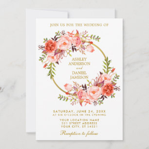 Waterverf Floral Wreath Coral Gold Wedding Kaart