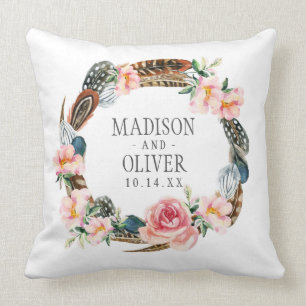 Waterverf Floral Wreath met veren   Weddenschap Kussen