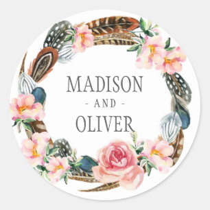 Waterverf Floral Wreath met veren Weddenschap Ronde Sticker