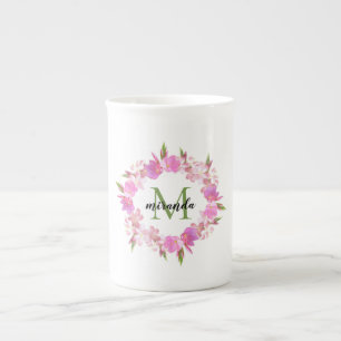 Waterverf Floral Wreatname Monogram Porselein Kop