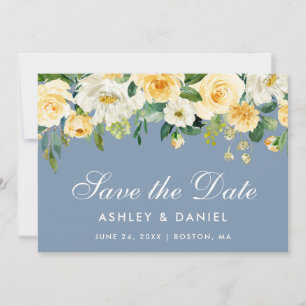 Waterverf Floral Yellow White Dusty Blue Save The Date