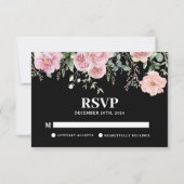 Waterverf floral zwart en blush roze bruiloft RSVP kaartje (Voorkant)