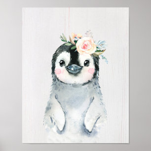 Waterverf Florale Baby pinguïn, sneeuwige dieren Poster