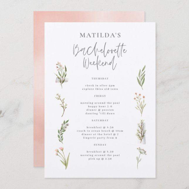 Waterverf florale bachelorette weekend route (Voorkant / Achterkant)