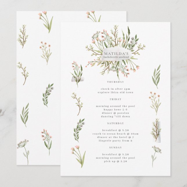 Waterverf florale bachelorette weekend route (Voorkant / Achterkant)