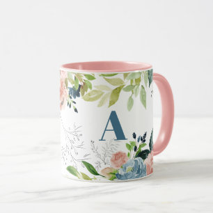 Waterverf florale classy elegant navy monogrammed mok