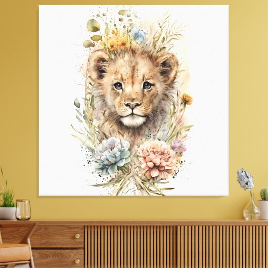Waterverf florale leeuwenkub Canvas Wall Art (Insitu (Woonkamer))