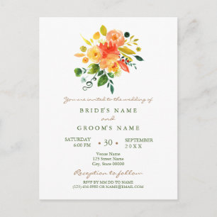 Waterverf florale oranje huwelijksuitnodiging briefkaart