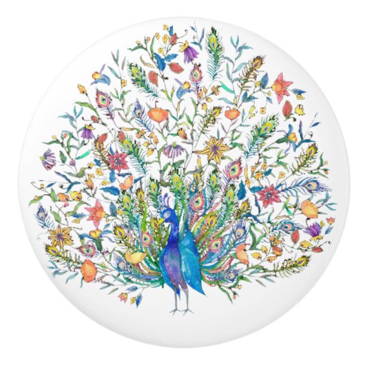 Waterverf florale pauw keramische knop (Voorkant)