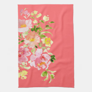 Waterverf florale peony tuinkoraal theedoek