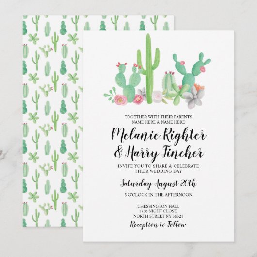Waterverf Florale uitnodiging voor bruiloft Cactu (Voorkant / Achterkant)